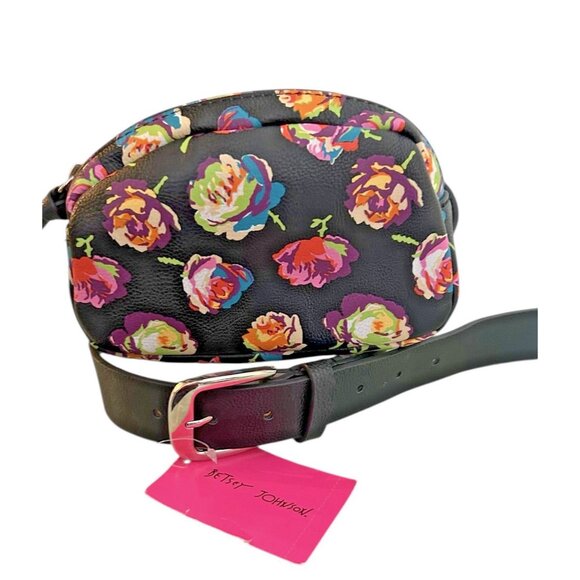 Betsey Johnson Belt Bag Black Pink Floral NWT Medium Large Zipper 7"x5" - Picture 11 of 15